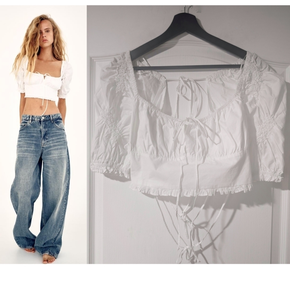 NEW Zara | White Open Back Crop Top With Puff Sleeves